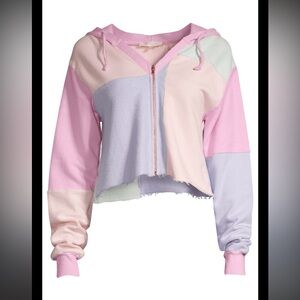 LoveShackFancy Alden Crop Patchwork Heart Color Block Hoodie Small🩷